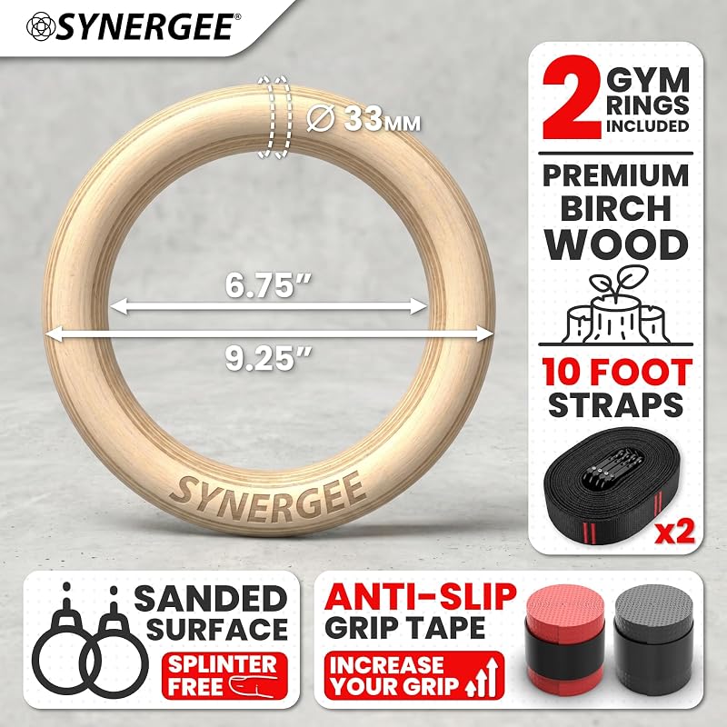 Wooden Gymnastic Rings 1.25" Set with Numbered Straps & Carabiners for Pull Ups, Dips, Muscle Ups