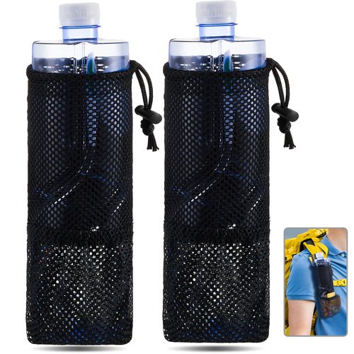 Riakrum 2 Pcs Water Bottle Holder for Backpack Foldable Mesh Water and Snack Holder Adjustable Pouch Tactical Attachments Bottle Carrier for Hiking Bicycle(Black)