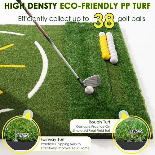 KULAMOON Golf Mat with Dual Turf, 5x4ft 26mm-45mm Thickened Golf Hitting Mat with Standing Guide-Line & Swing Path Line, Practice Mats for Indoor or Outdoor Use, Gifts for Men Dad & Golfers