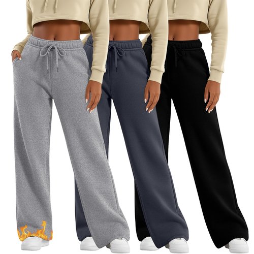 Velvelhall 3 Pack Women's Wide Leg Fleece Lined Sweatpants Thermal Lounge Warm Pants Drawstring Elastic Waisted with Pockets(Black, Blue Gray, Light Gray,X-Large)