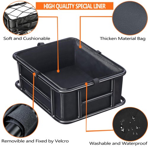 YONTUO Bike Basket Rear with Liner,Large Bicycle Basket with Waterproof Cover,Bicycle Rear Basket with Cargo Net and Elastic Bungee Cord for Electric Bike