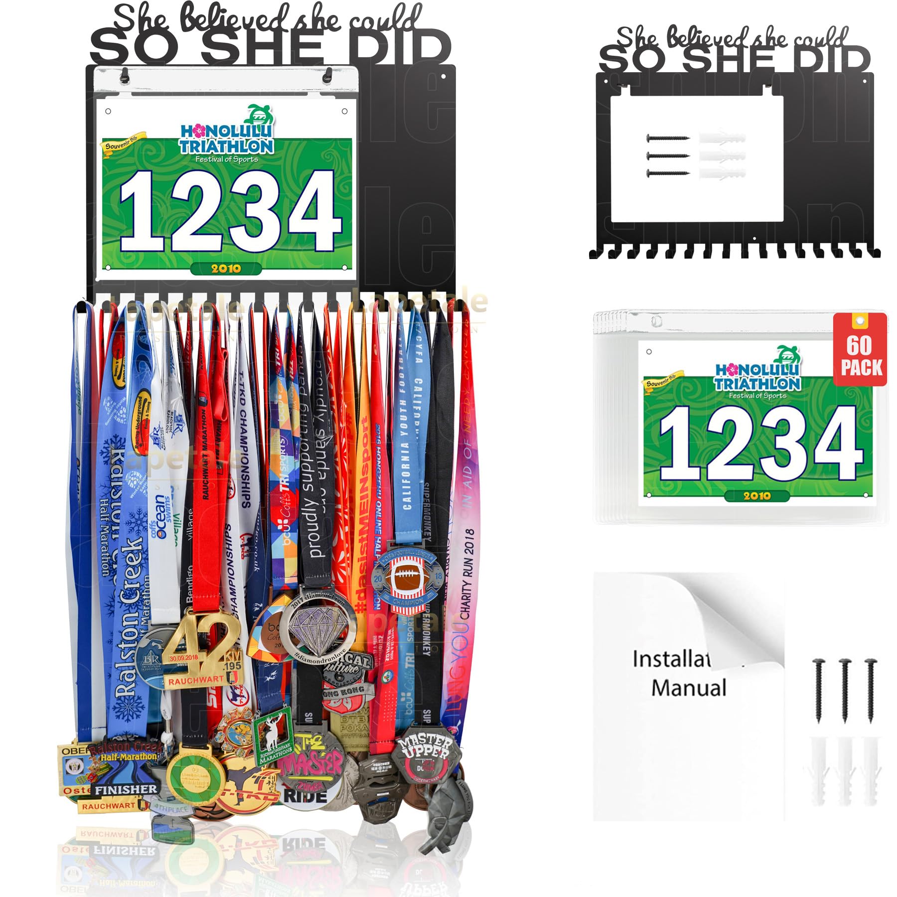 Lapetale Fashion She Believed She Could SO SHE DID Race Bib and Medal Display,Marathon Medal Display and Runner Medal Hanger Display,Bib Running Medal Display Gifts for Runners Athlete Luxurious 60