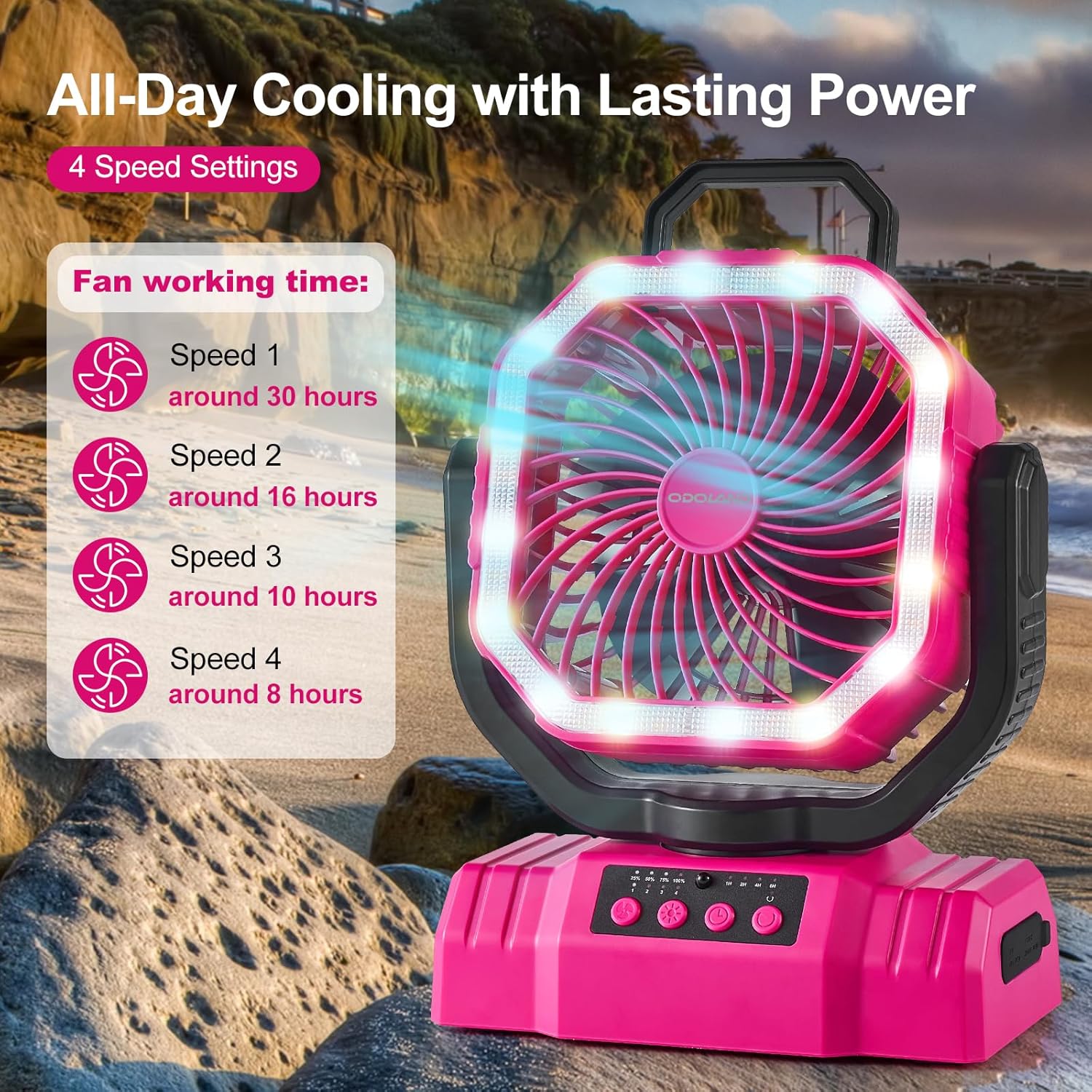 Odoland Portable Camping Fan - 20000mAh Rechargeable Battery, LED Lantern, 360° Rotation, Pink