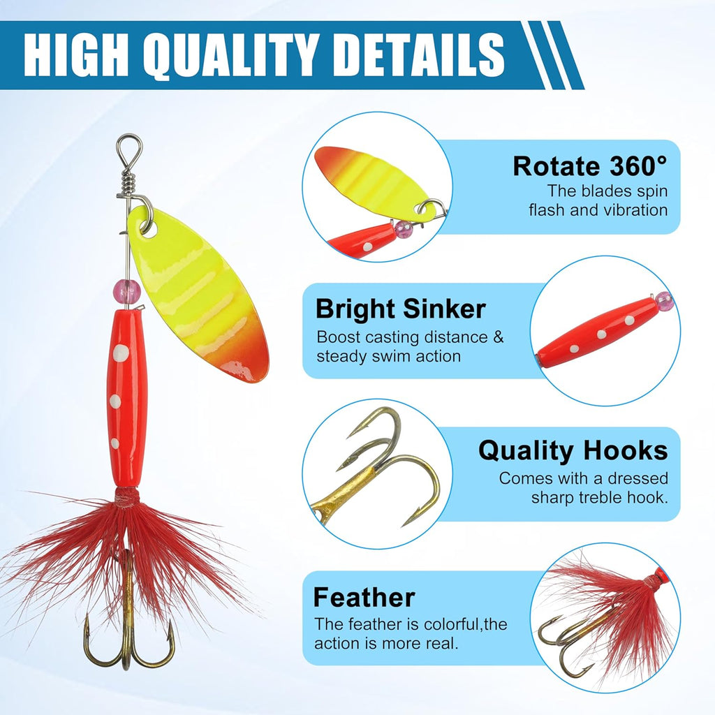 Spinnerbaits Rooster Fishing Lures Kit - Hard Metal Inline Spinner Baits for Bass, Salmon & Trout
