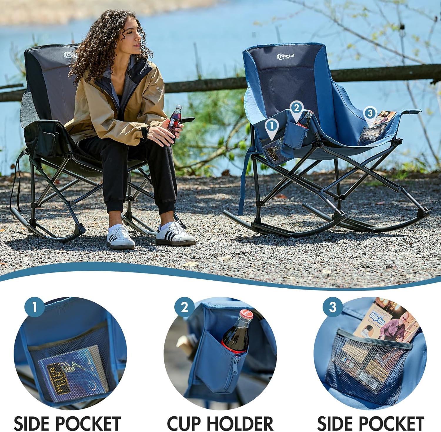 Portal Outdoor Rocking Chair - Portable Folding Rocker with Cup Holder & Side Pocket | Supports 350LBS, Blue