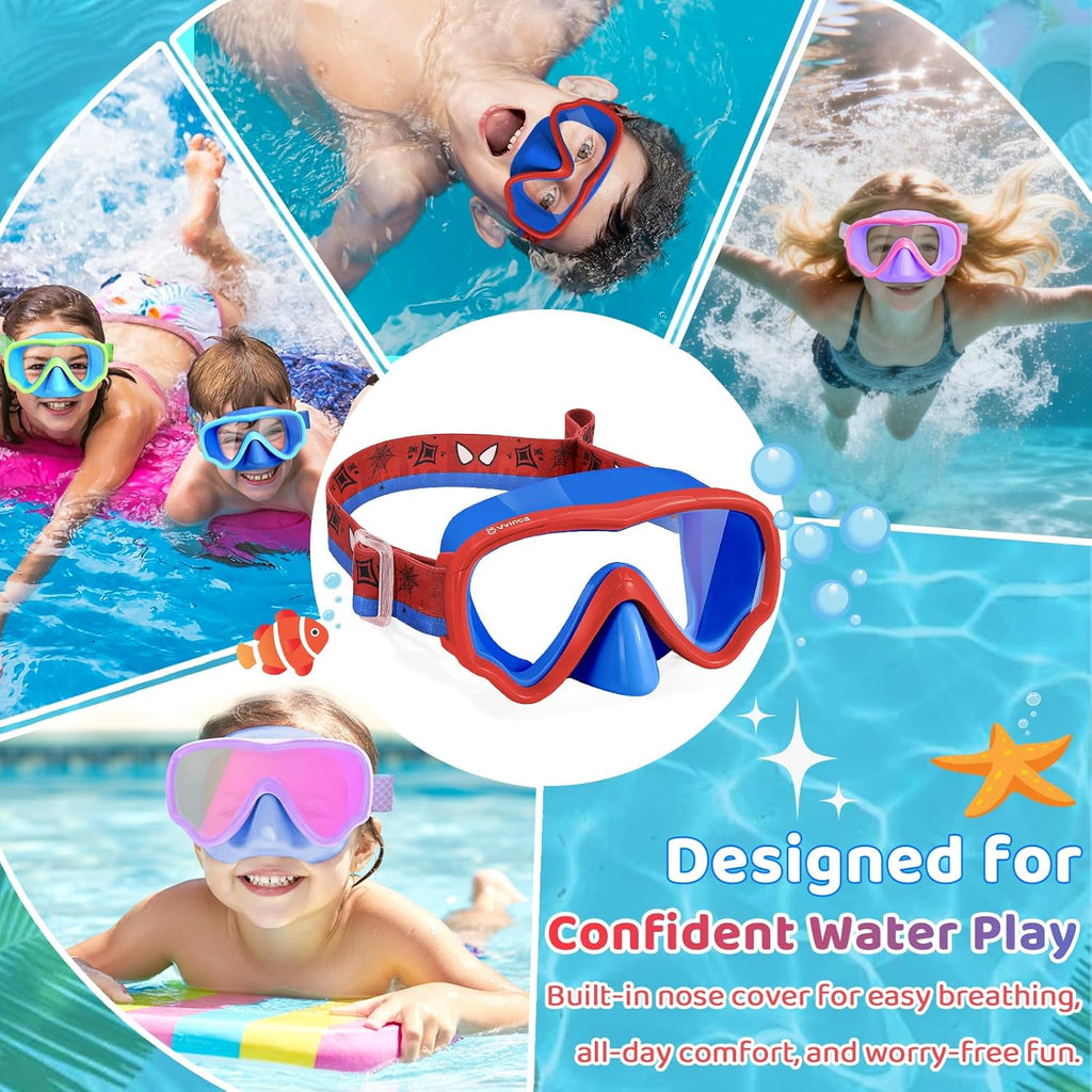 Vvinca Kids Swim Goggles - Anti-Fog & UV Waterproof with Nose Cover | Adjustable Fabric Strap for Ages 3-15