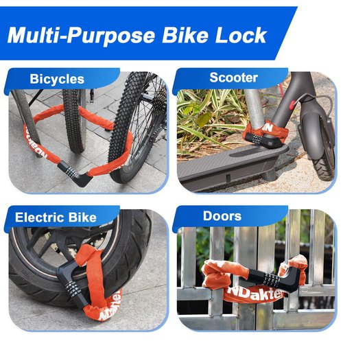 NDakter Upgrade Bike Chain Lock with 4 Digit Combination and 2 Keys, 3.2/4.28 Ft Heavy Duty Anti-Theft Bicycle Lock, 2 Ways to Unlock High Security Scooter Locks for Ebike, Escooter, Door