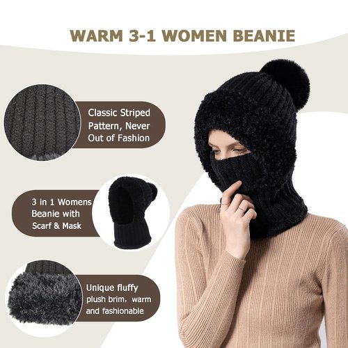 3 in 1 Womens Beanie Hat with Scarf Mask and Gloves Set, Knitted Hat Fleece Lined Snow Ski Scarf Caps Fall Winter Warm Glove (Black Set)