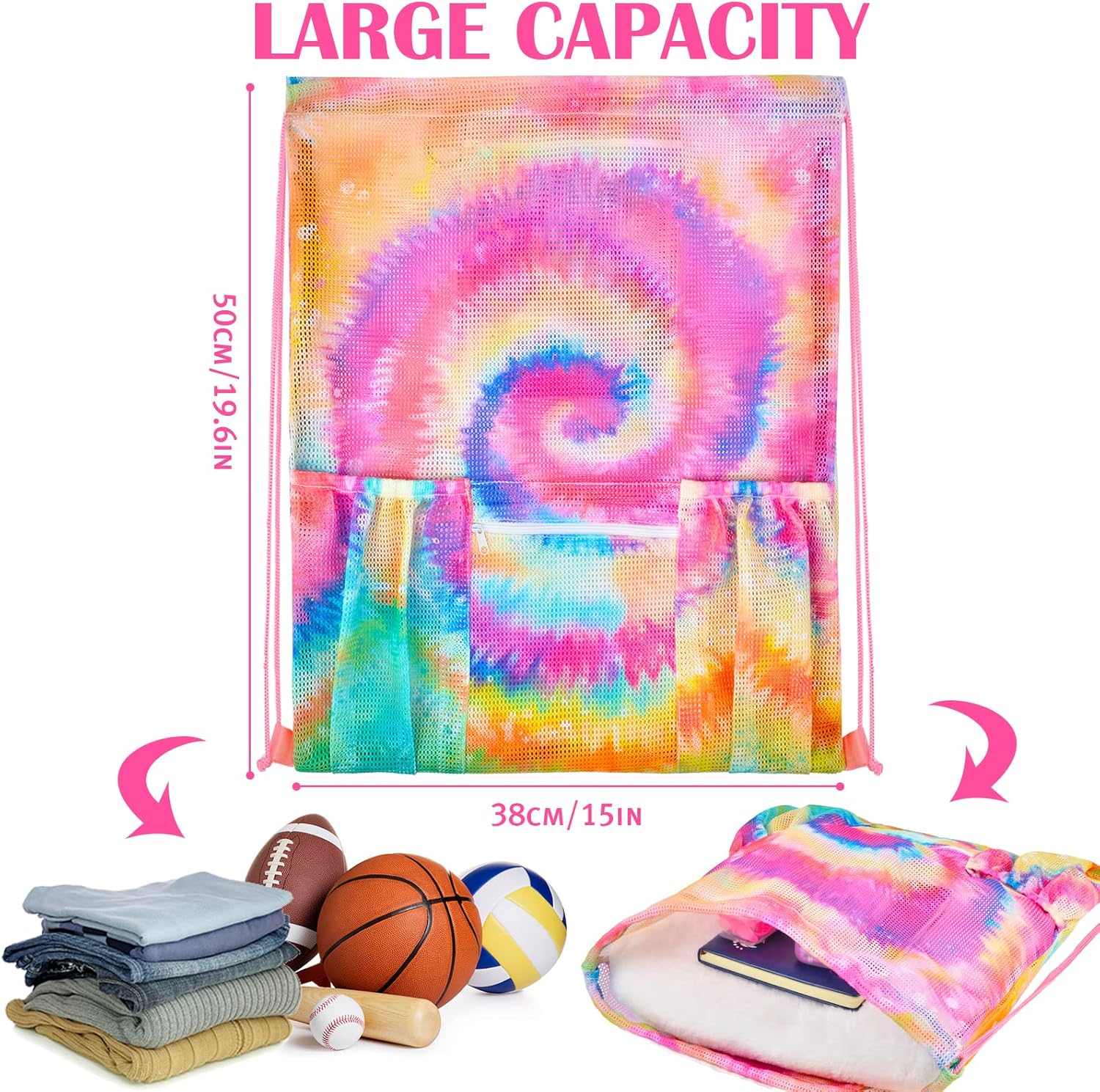 Skiennix Mesh Drawstring Bag - Versatile Beach & Gym Backpack with Zipper Pocket | Tie Dye Design