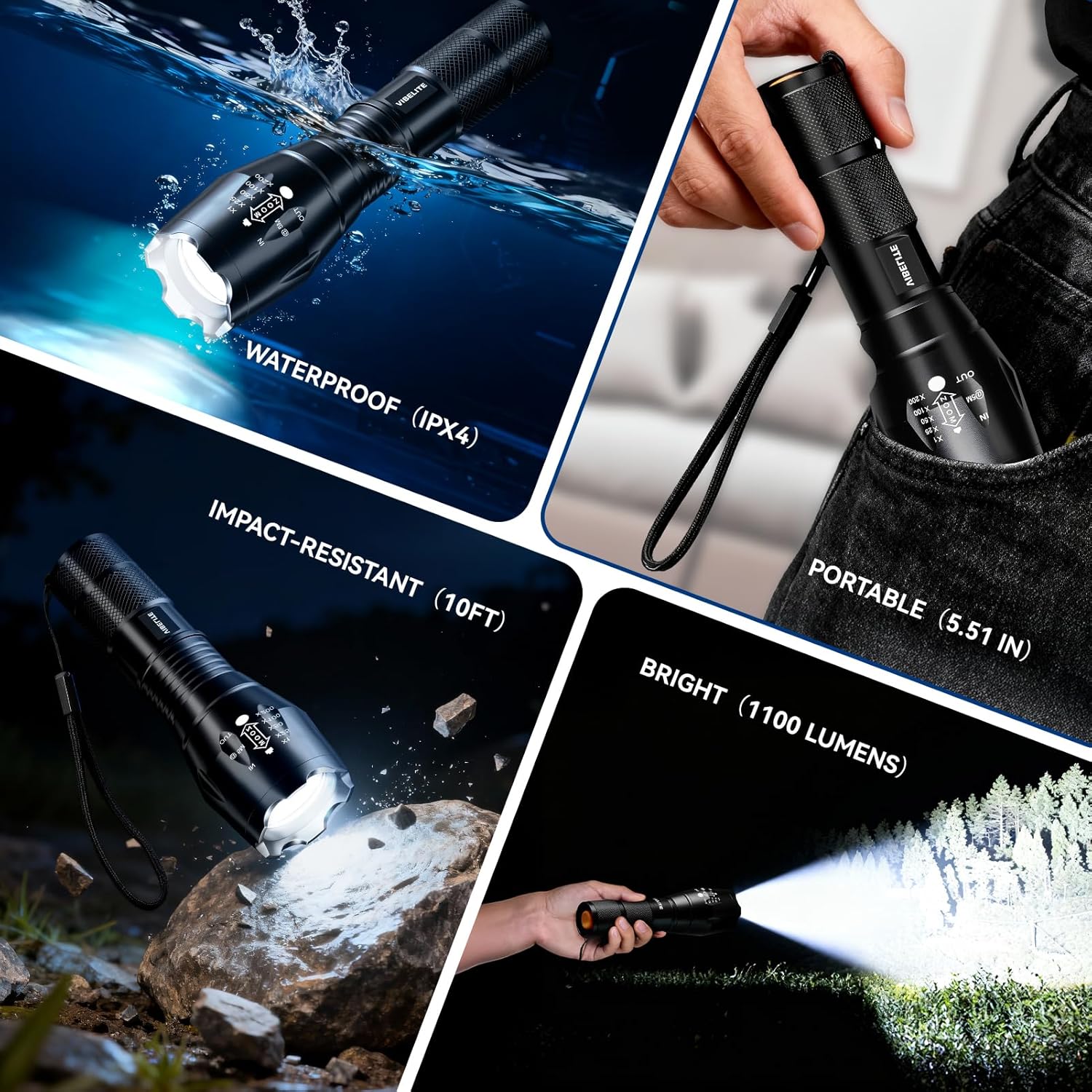 VIBELITE LED Flashlight - High Lumens, 5 Modes, Zoomable & Waterproof | Perfect for Hiking & Camping, 2 Pack