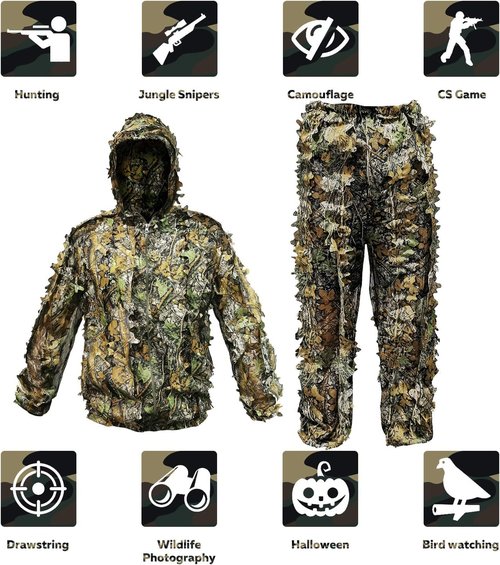 Ghillie Suit | Lightweight Hooded Camouflage Outfit for Hunting - Includes Gloves, Face Mask & Bag