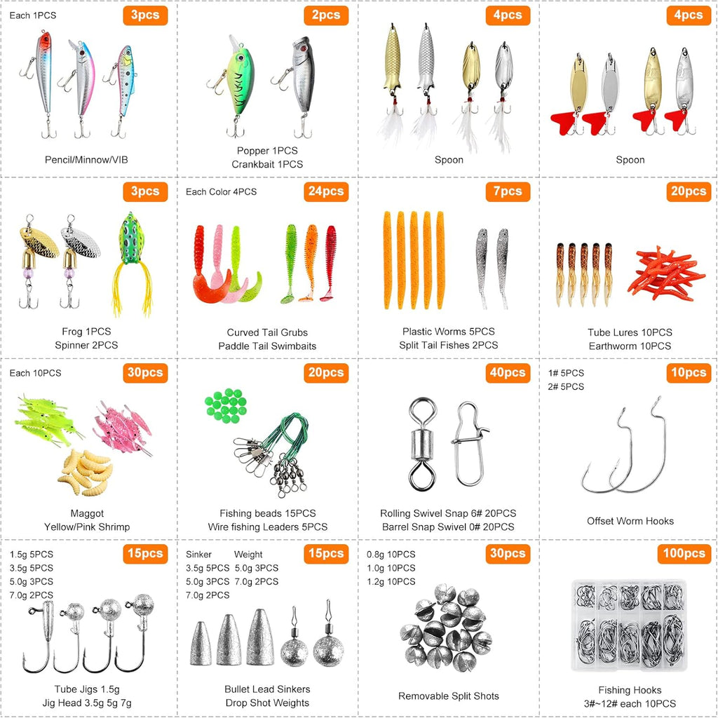 Skiennix 327PCS Fishing Lures Kit - Complete Tackle Box with Crankbaits, Worms & Hooks for Bass & Trout Fishing