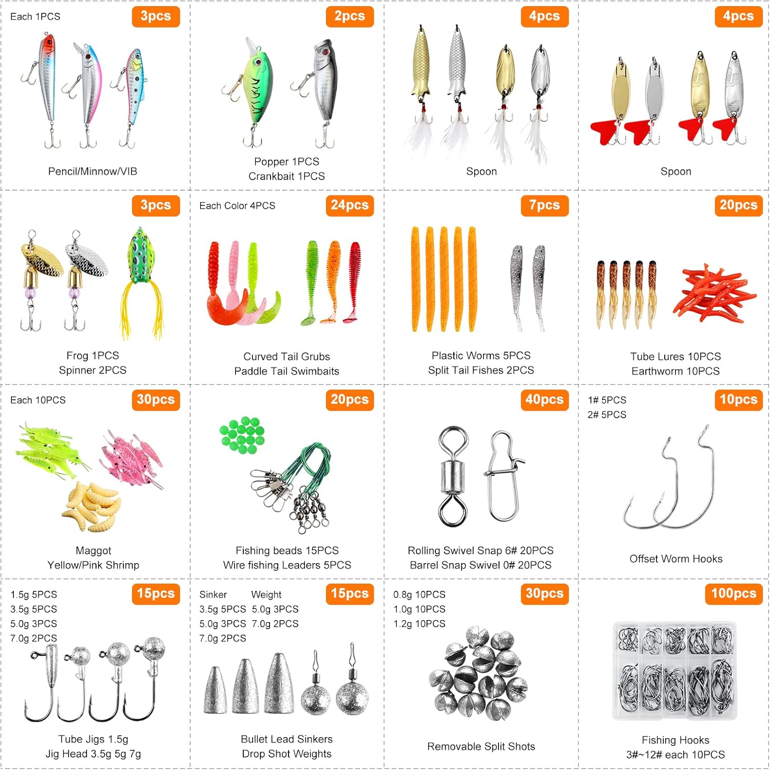 Skiennix 327PCS Fishing Lures Kit - Complete Tackle Box with Crankbaits, Worms & Hooks for Bass & Trout Fishing