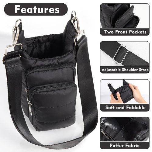 Dealkion Water Bottle Holder with Strap Water Bottle Carrier Bag with Strap Quilted Puffer Hydrobag Sling Purse Crossbody Bags for Women Walking Hiking Cycling