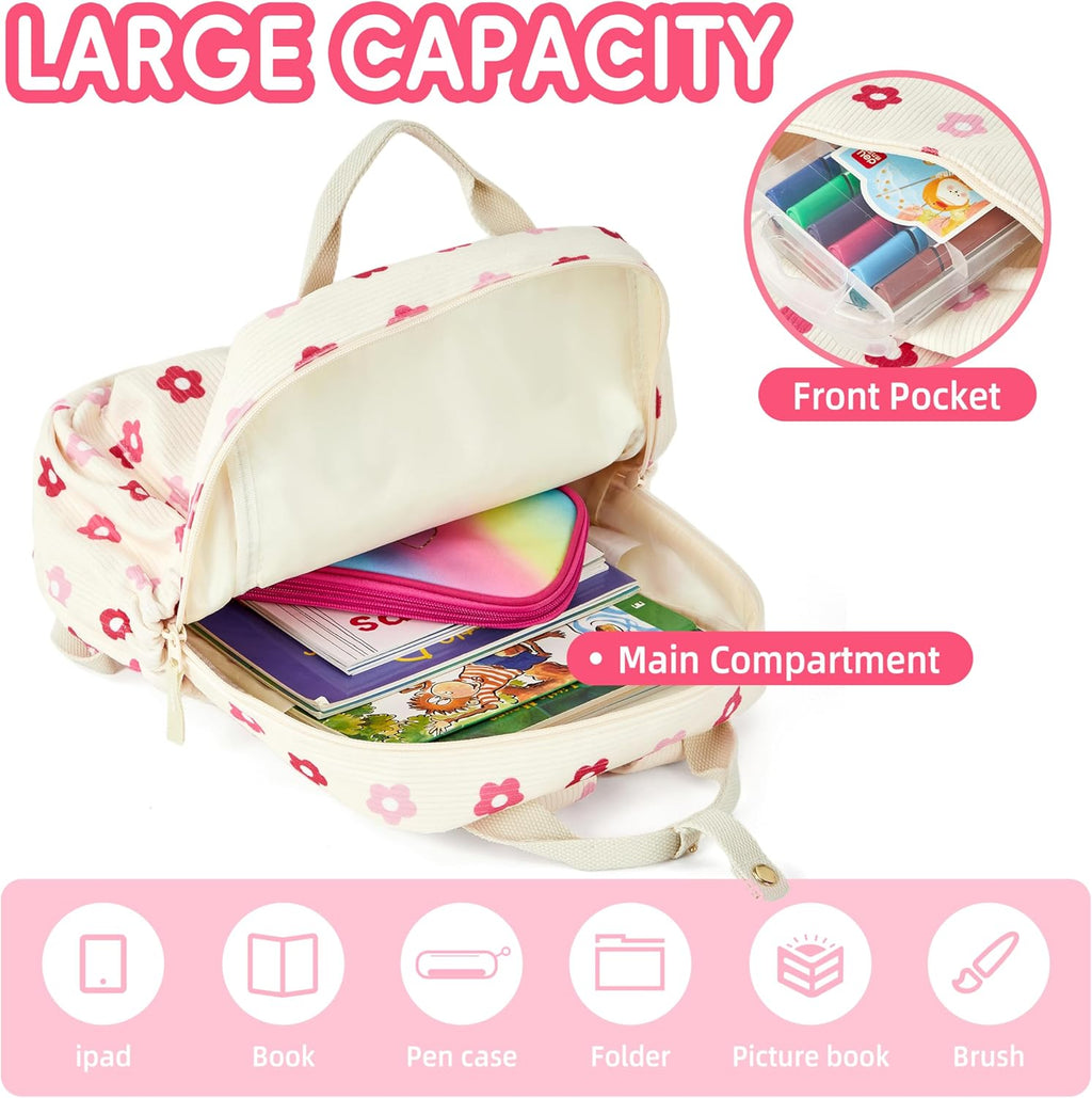 Skiennix Mini Corduroy Toddler Backpack - Lightweight Floral Beige Bookbag for Preschool Kids 13" H