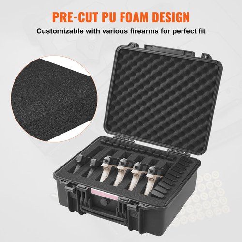 VEVOR Hard Pistol Cases with Customized PU Foam, Waterproof & Dustproof Hard Gun Case for 6 Pistol & 21 Magazine, 19.3×17.1×8.3 in Lockable Pistol Case, Black