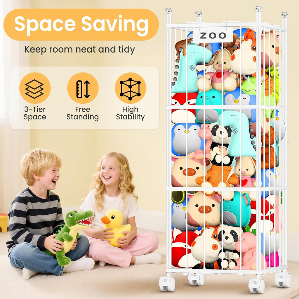TomCare Extra Large Stuffed Animal Storage - Space-Saving Organizer with 4 Lockable Wheels for Playroom & Bedroom