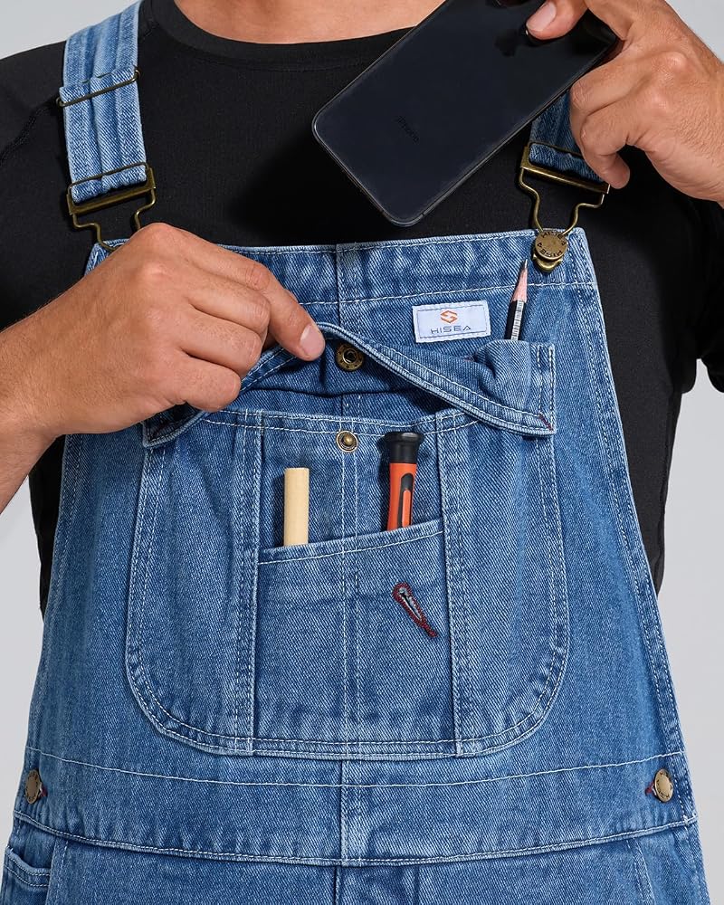 Stone Wash Denim Bib Overalls for Men - Midweight Relaxed Fit, 32W x 30L - HISEA