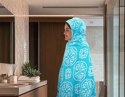 COTTON CRAFT Oversized Hooded Beach Towel - 100% Cotton Velour Terry - Quick Dry Pool Wrap | 39 x 68 Inches - Summer Trellis Pool Blue