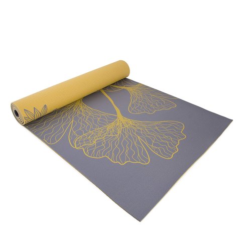 CAP Barbell Yoga Mat with Carry Strap, 5mm, Reversible Dahlia Design, Yellow/Gray