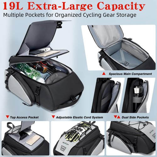 19L Reflective Bike Rack Bag Water Resistant Cycling Pannier Saddle Shoulder Bag with Rain Cover 4-in-1 Versatile Bag Accessories for Travel Commuting Shopping Outdoor Cycling Night-Riding Fitness