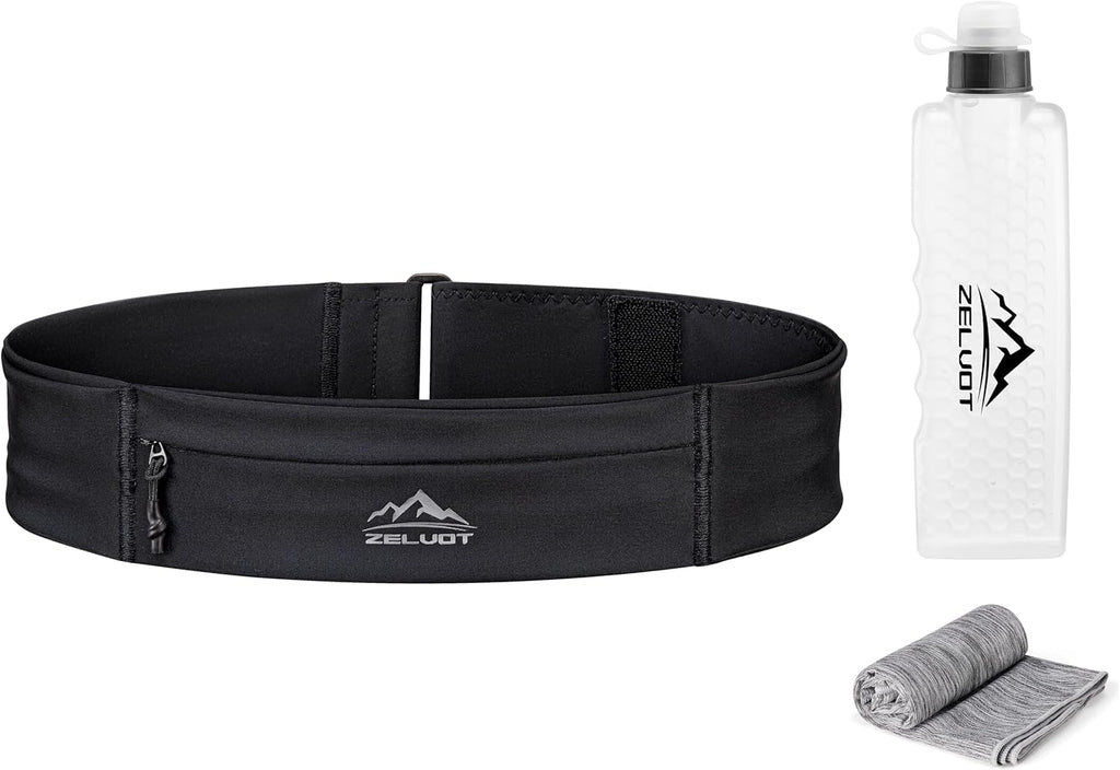 Zelvot Running Belt - Adjustable Fanny Pack with 355ml Water Bottle & Phone Holder | Waterproof for Jogging, Hiking, Marathon (Black, Medium)