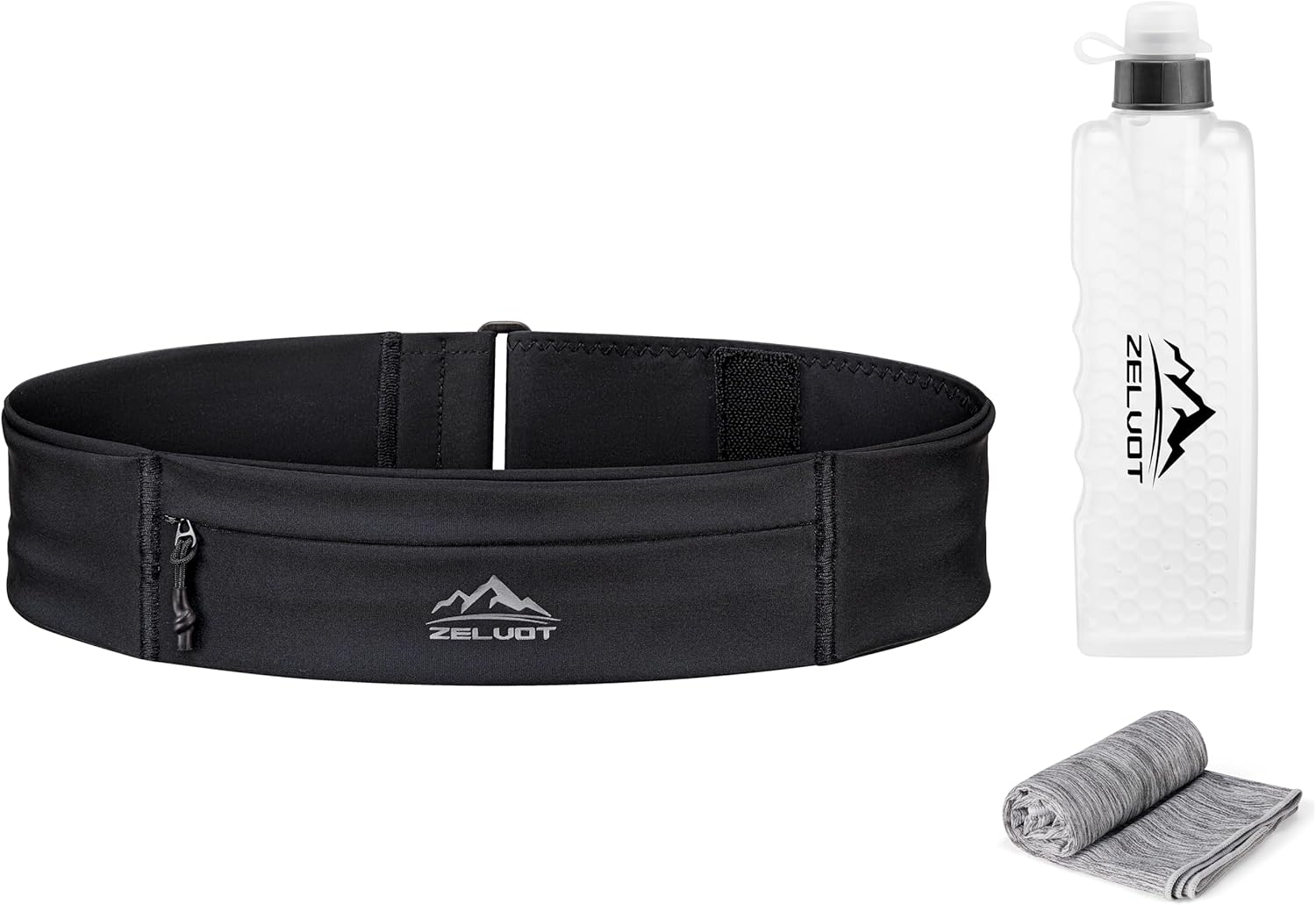 Zelvot Running Belt - Adjustable Fanny Pack with 355ml Water Bottle & Phone Holder | Waterproof for Jogging, Hiking, Marathon (Black, Medium)