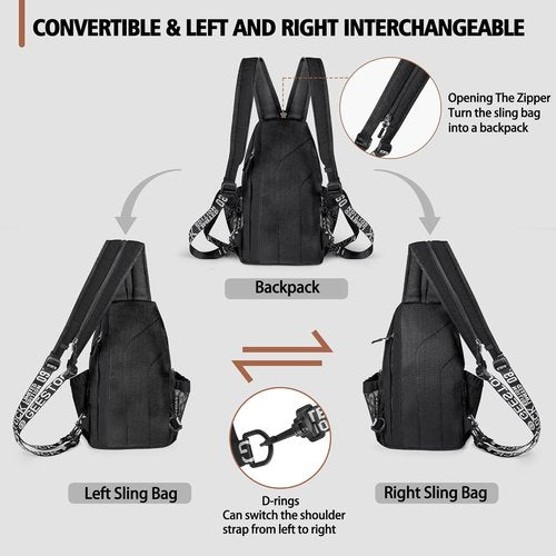 Geestock Crossbody Sling Bag - Lightweight Convertible Backpack with Headphone Hole | Fits 10.9" Tablet, Black