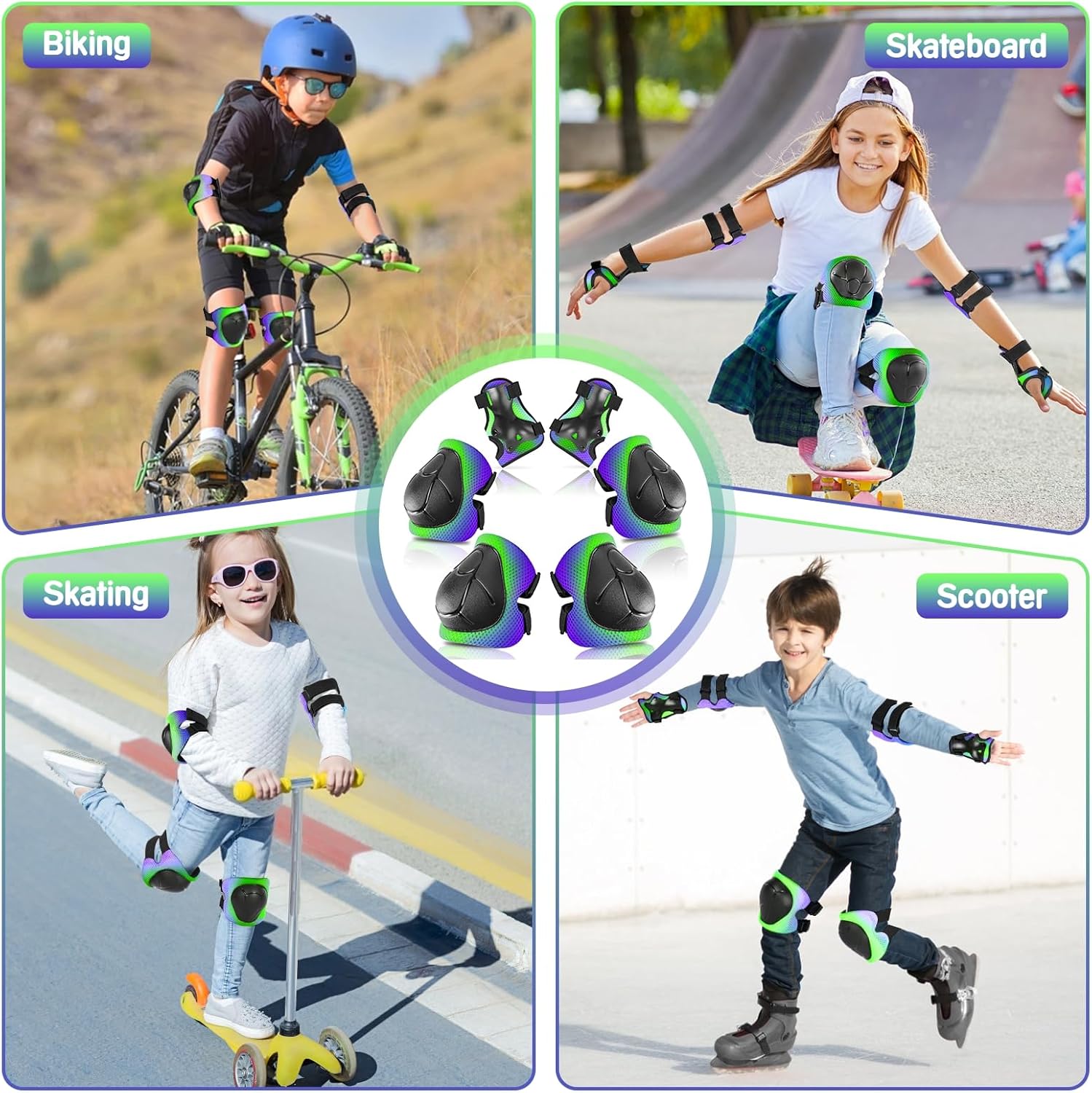 Wemfg Kids Protective Gear Set - Knee & Elbow Pads with Wrist Guards | 3-in-1 for Ages 3-14