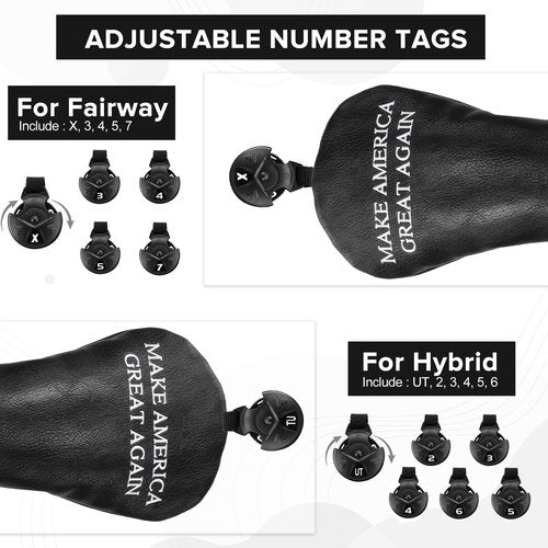Golf Headcovers Golf Club Head Covers MAGA Style Elegant Embroidery Premium Leather Driver Fairway(FW) Wood Hybrid(UT) with Number Tags, 3 Wood Headcover Set