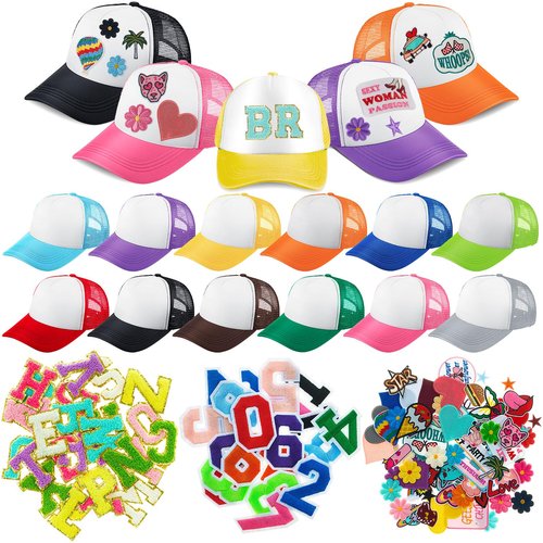 Hercicy 12 Pack DIY Trucker Hats Kit, Sublimation Blank Baseball Caps with 120 pcs Embroidered Patches DIY Craft for Party