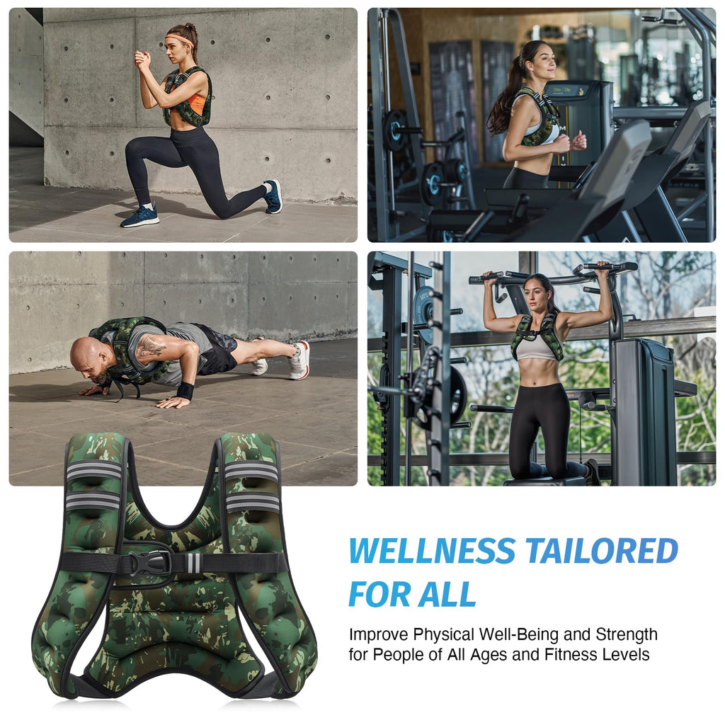 ZELUS Weighted Vest, 6lb/8lb/12lb/16lb/20lb/25lb/30lb Weight Vest for Men Women with Storage Pocket Reflective Strips for Workout Strength Training Running Muscle Building, Green Camo (6 lb)