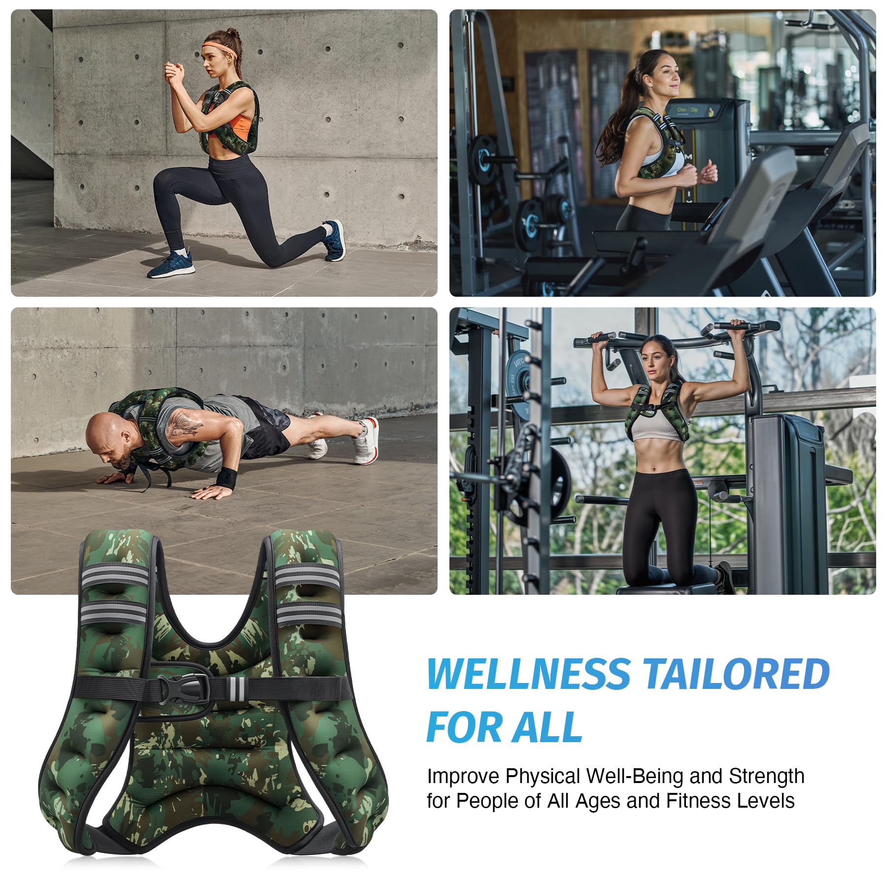 ZELUS Weighted Vest, 6lb/8lb/12lb/16lb/20lb/25lb/30lb Weight Vest for Men Women with Storage Pocket Reflective Strips for Workout Strength Training Running Muscle Building, Green Camo (6 lb)