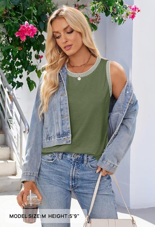 MEROKEETY Women's Tank Tops - Casual Sleeveless Crew Neck | Striped Color Block Design for Summer