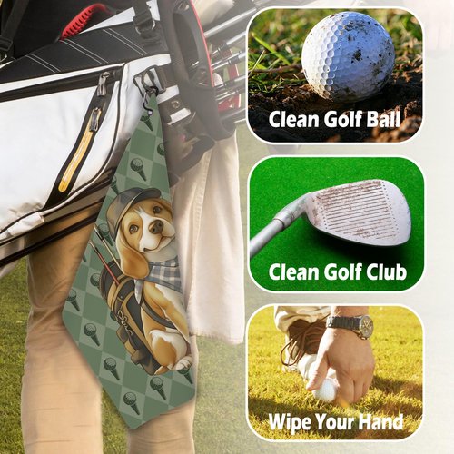 BCUANGD Beagle Dog Golf Towel - Retro Puppy Golf Bag Accessories Towel, Trendy Preppy Disc Weave Waffle & Ball Towels with Carabiner Clip Birthady Gifts for Golfer Women Dog Lover, 16"x24"