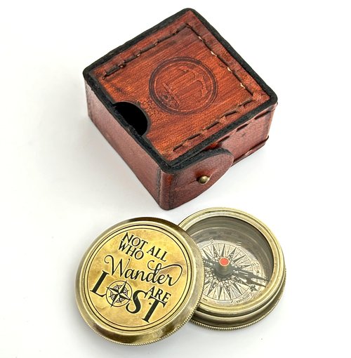 Not All WHO Wander are Lost Engraved Compass - Brass Gift Compass - Gift for Men - 2024 Graduation Day Gift - Birthday, Vintage Brass Pocket Compass with Leather Box