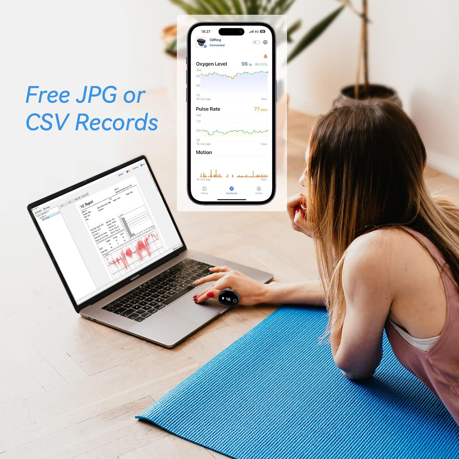 Wellue O2Ring Pulse Oximeter - Bluetooth Rechargeable Oxygen Monitor with Continuous Tracking & Free App