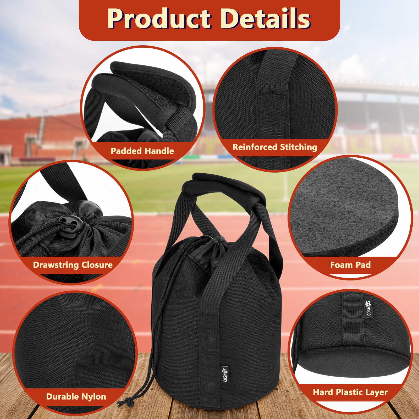 Cosmos Shot Put Bag with Comfortable Handle and Foam Pad, Portable Shot Put Ball Carry Bag for Carrying Single Ball from 6 LBS to 16 LBS (Black)