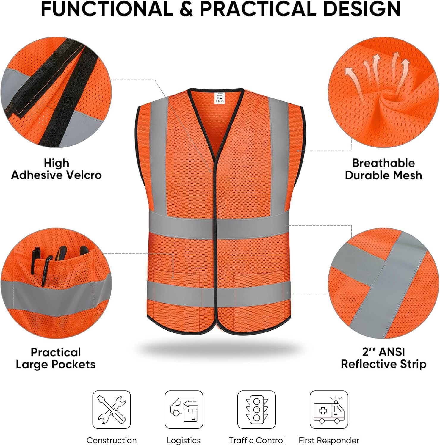 TICONN High Visibility Reflective Safety Vest - ANSI II Compliant | 2-Pack or 4-Pack Options