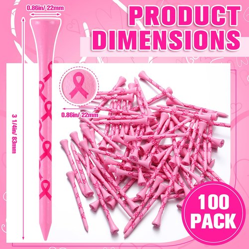 LaRandom 100 Pcs Breast Cancer Awareness Golf Tees 3 1/4" Pink Ribbon Golf Tees Funny Bamboo Golfing Gifts for Women Golfer