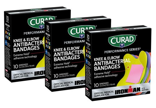 CURAD Performance Series Antibacterial Bandages, Extreme Hold Adhesive Technology, Knee & Elbow 3 inches x 3 inches, 10 Count, Ideal for Cuts, Scrapes, Sports, and Active Lifestyles, Pack of 3