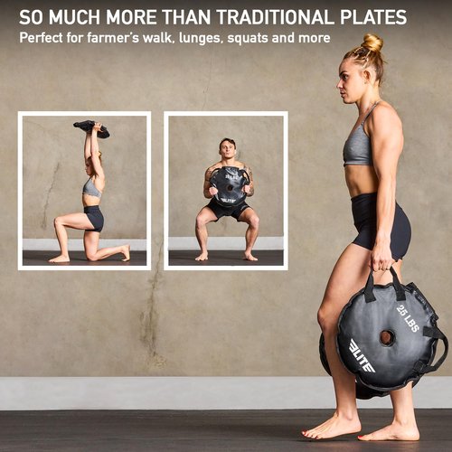Elite Sports UNFILLED Workout Sand Plates (Set of 2) – EMPTY Fillable Olympic Weight Plates for Barbell Training – Drop-Proof Waterproof TPU – 10/15/25/35/45 LB Options – Strength, CrossFit, Home Gym & Functional Fitness