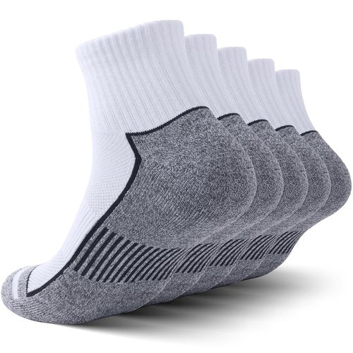 FYTUTESE Ankle Socks for Men with Cushion 5 Pack Men's Athletic Cushioned Running Cotton Sports Quarter Socks White Size 13-15