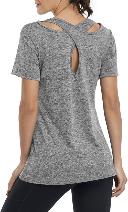 Kimmery Yoga Shirt - Women's Short Sleeve Round Neck with Criss Cross Back Design - Stylish Comfort