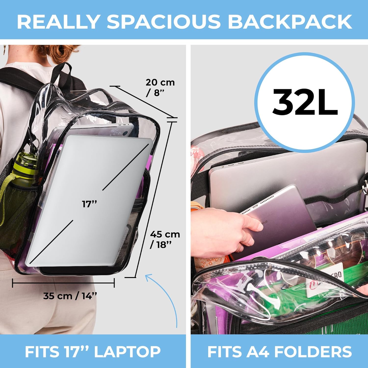 SHYLERO Clear Backpack - Heavy Duty PVC with TSA Lock & 2-Way Zipper | X-Large Black (18''x14''x8'')