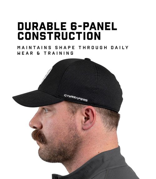 Gymreapers Baseball Hats and Caps for Men | Lightweight Fitted Hats for Running, Workouts, Gym and Outdoor Sports | Polyester Made Moisture Wicking Adapt Caps (Black/White)