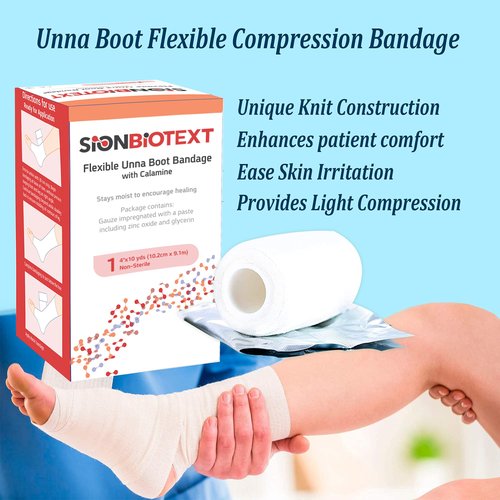 Sion Biotext Flexible Unna Boot Fabric Bandages with Zinc and Calamine, First Aid Kit Emergency Supplies, Ankle Brace Compression Bandage Wrap, Wound Care Supplies, 4 Inches X 30 Feet