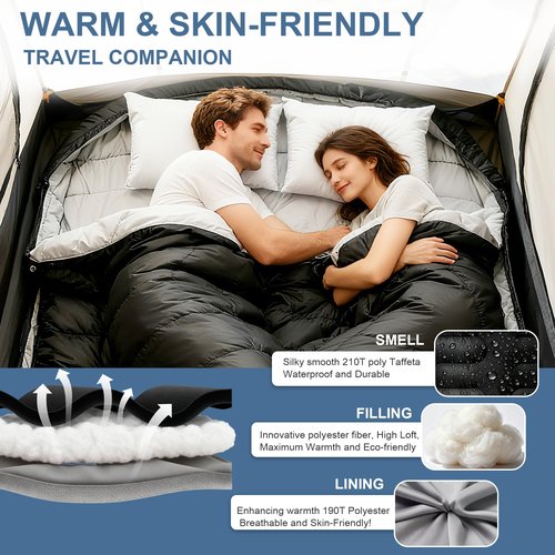 SunHalo Gear 2 Person Sleeping Bag for Adults,Double Sleeping Bags King Size, Backpacking Sleeping Bag with Plush Lining/Extra Large/4 Seasons/Portable/Waterproof/Hiking/Camping/Backpacking
