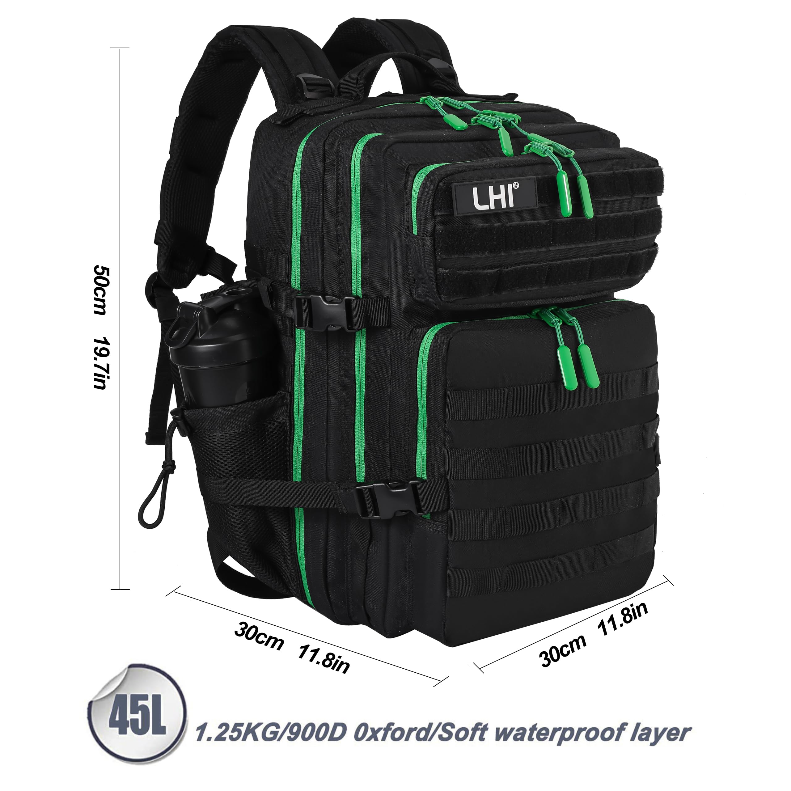 LHI Military Tactical Backpack for Men and Women 45L Army 3 Days Assault Pack Bag Large Rucksack with Molle System - Black with green zipper