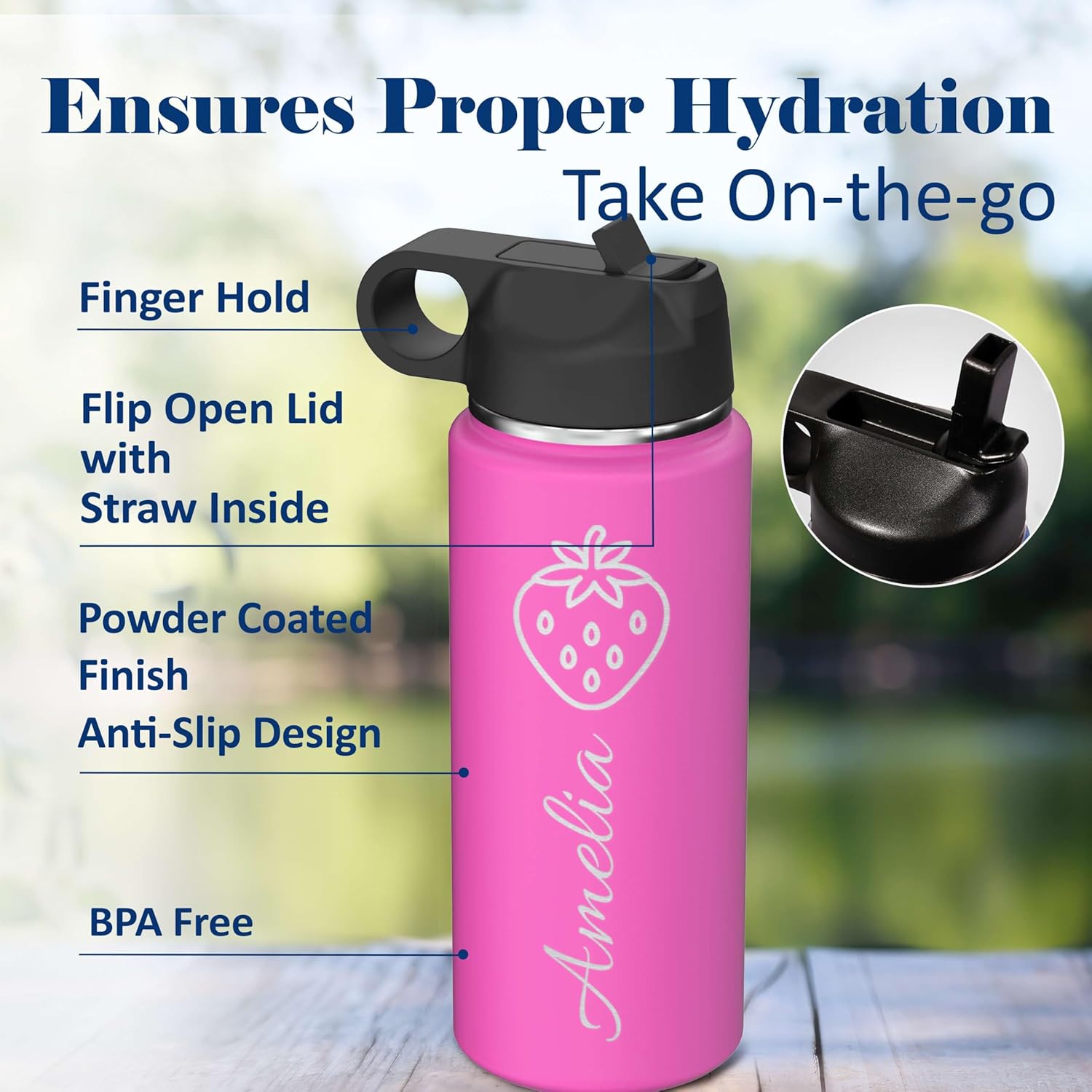 Skiennix Personalized Insulated Stainless Steel Water Bottle - Custom Engraved 18 oz | Flip Top Lid & Straw for Kids, Teens, Adults